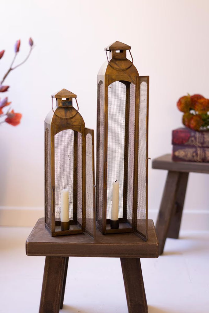 Set of 2 Antique Brass Taper Candle Lanterns with Wire Screen – image 2