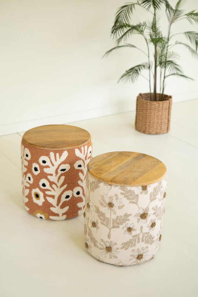 Round Embroidered Accent Table with Mango Wood Top – image 3