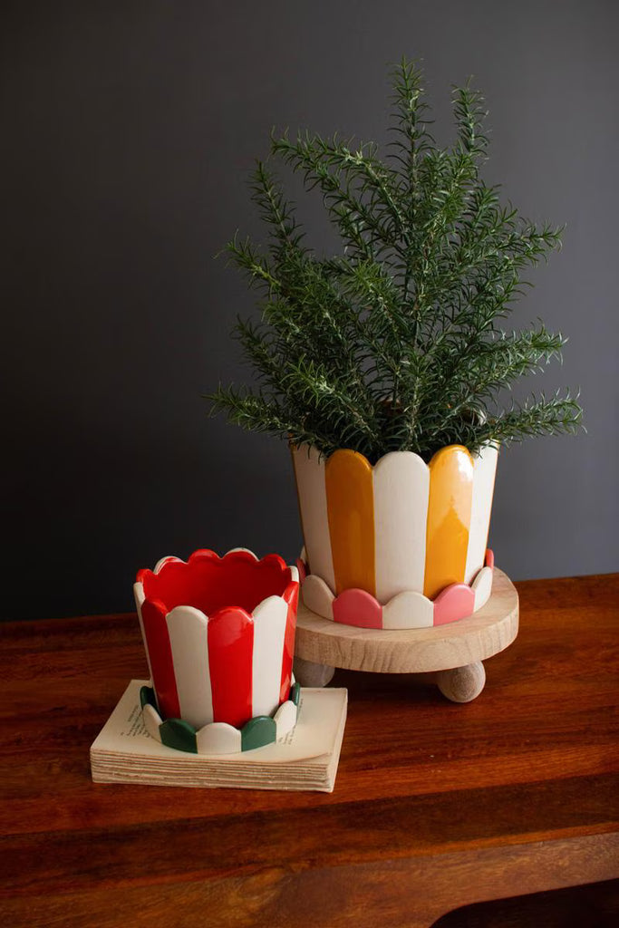 Set of 2 Striped Ceramic Flower Pots with Trays – image 2
