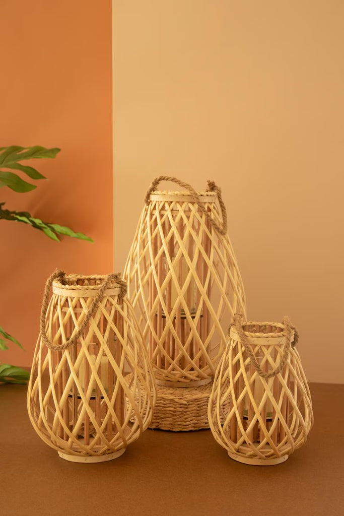 Set of 3 Willow Lanterns with Glass Insert - Natural – image 1