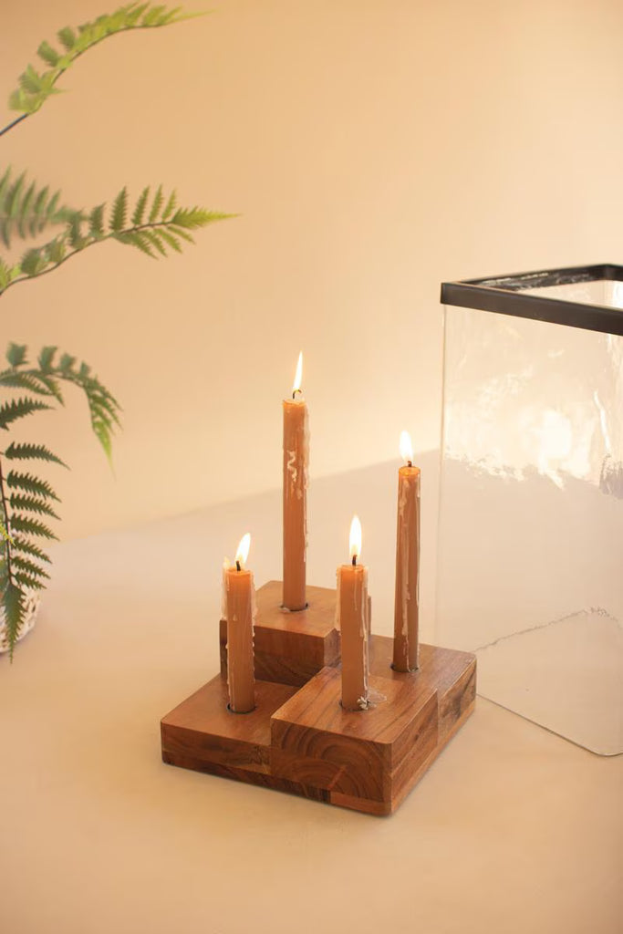 Large Glass Hurricane with Four Taper Holder Wood Base – image 3