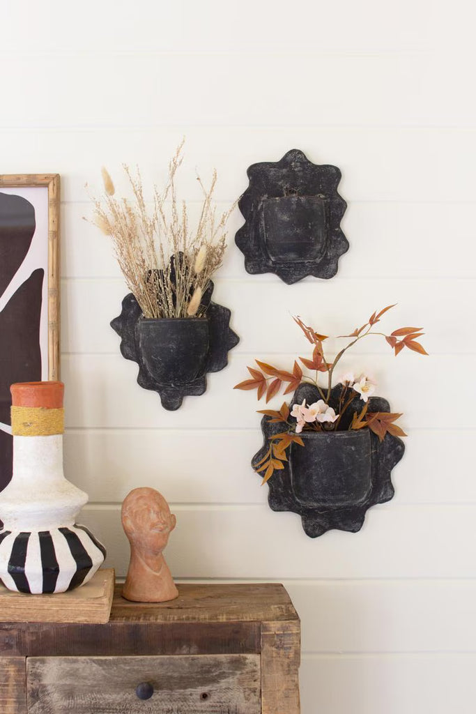 SET OF THREE BLACK WAVY CLAY WALL PLANTERS — Kalalou H4439