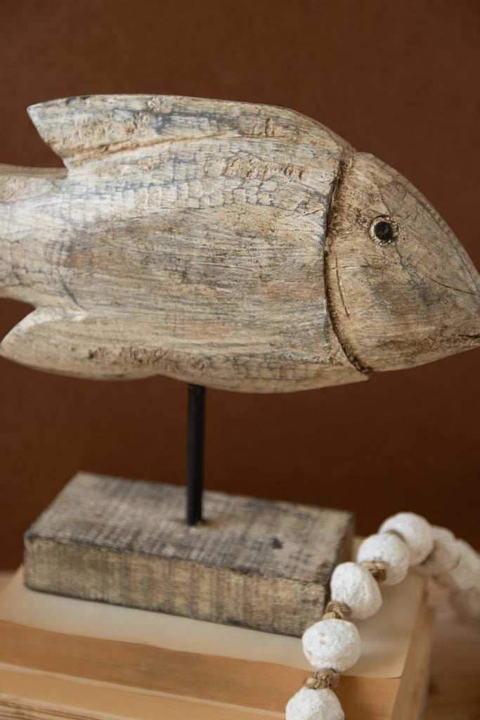 Set of 2 Carved Recycled Wooden Fish on Stands – image 2
