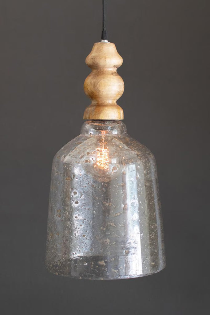 Clear Pebbled Glass Pendant Light with Wooden Finial – image 1