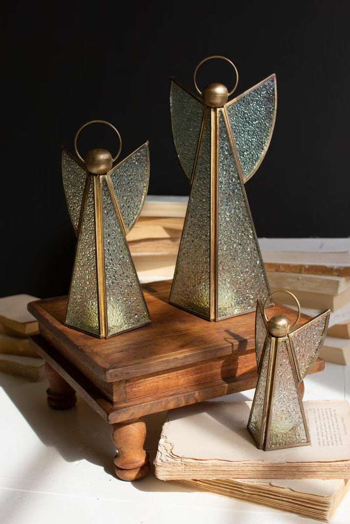 Set of 3 Antique Brass and Glass Christmas Angels Tlite Holder – image 1