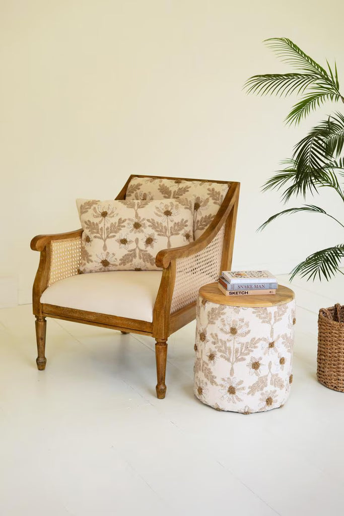 Round Embroidered Accent Table with Mango Wood Top – image 2