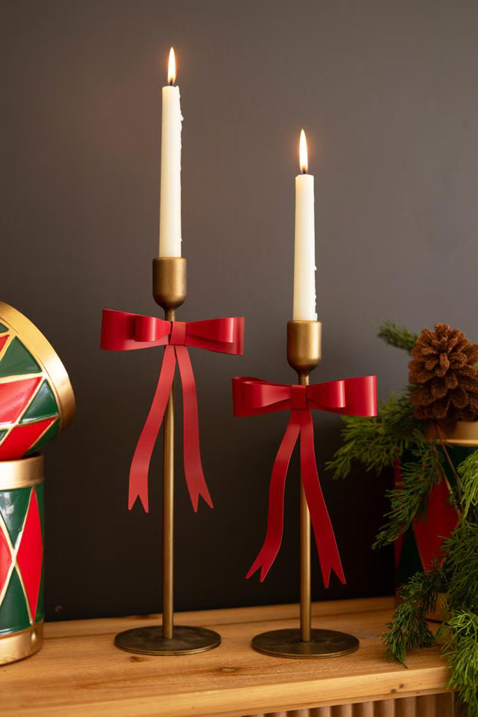 Set of 2 Metal Christmas Bow Taper Candle Holders - image 1