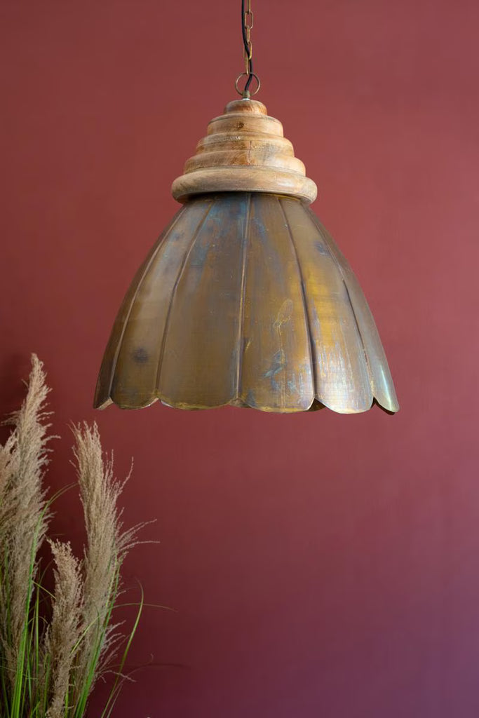 ANTIQUE BRASS PENDANT LIGHT WITH WOOD DETAIL 20" DIA. — Kalalou NDE1537