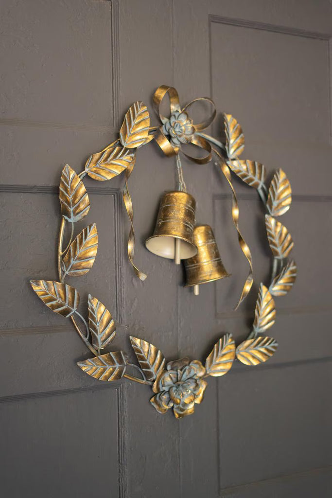 Antique Brass Christmas Wreath Leaves and Bells - view 1