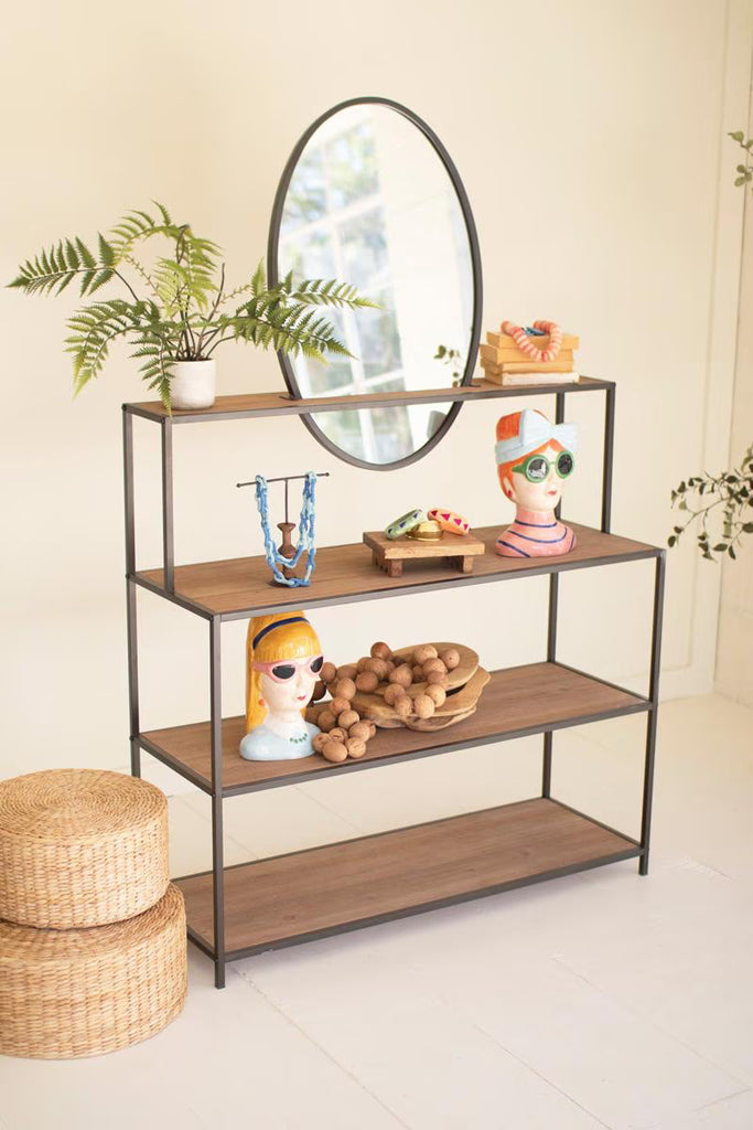 Metal and Wood Display Shelves with Mirror – image 1