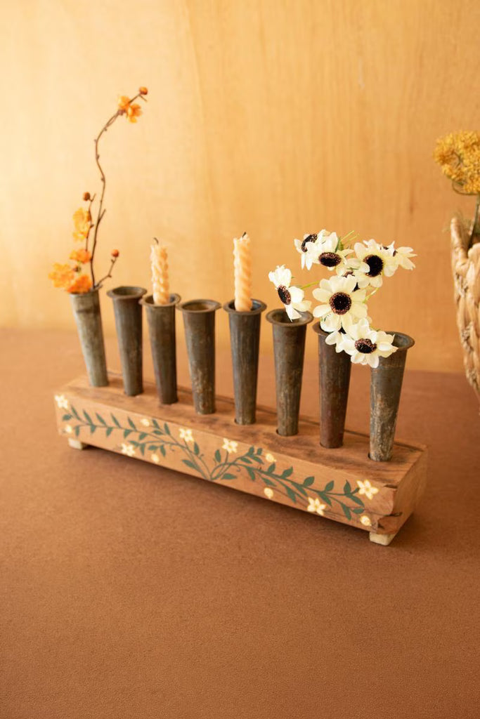 Eight Metal Bud Vases with Painted Wooden Base – image 1