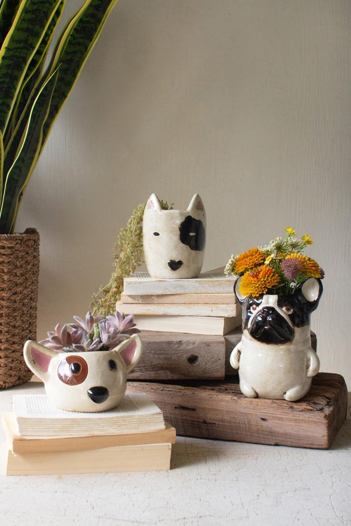 Set of 2 Ceramic Black and White Dog Head Planters - image 2