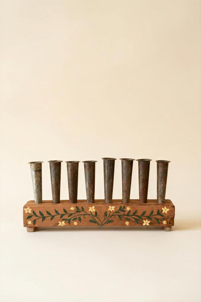 Eight Metal Bud Vases with Painted Wooden Base – image 4
