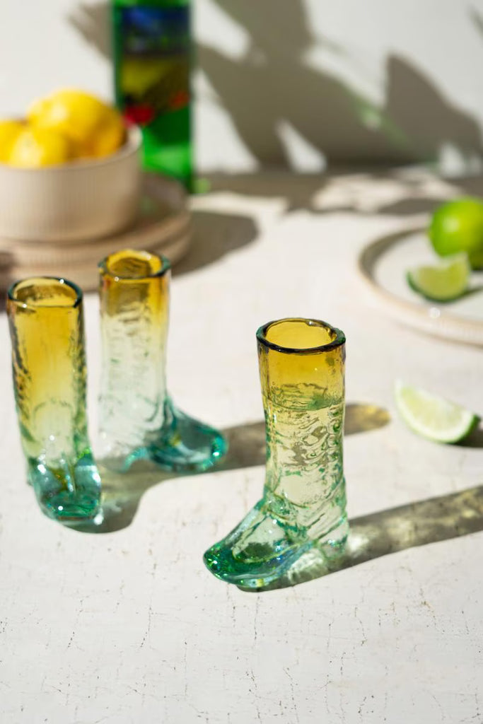 Set of 6 Recycled Glass Boot Shot Glass - Blue and Amber – image 1