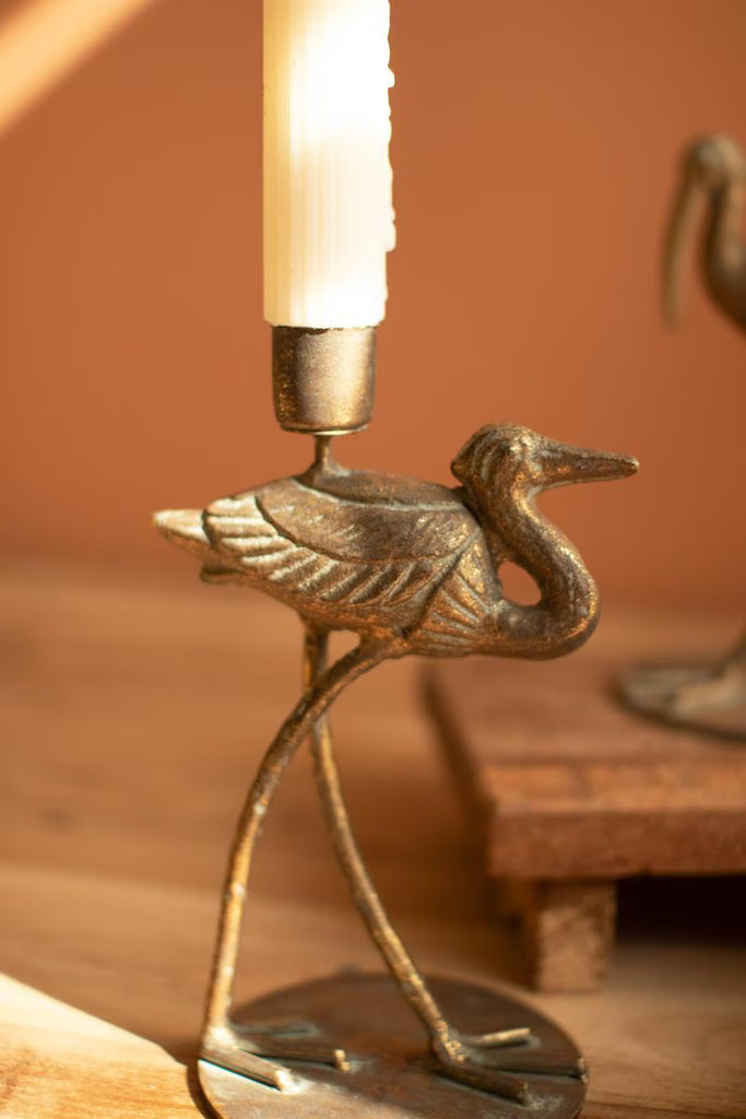 Set of 2 Antique Brass Shore Bird Taper Candle Holders - image 2