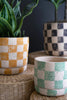 SET OF THREE CHECKERED CLAY PLANTERS WITH TRAYS — Kalalou H4427