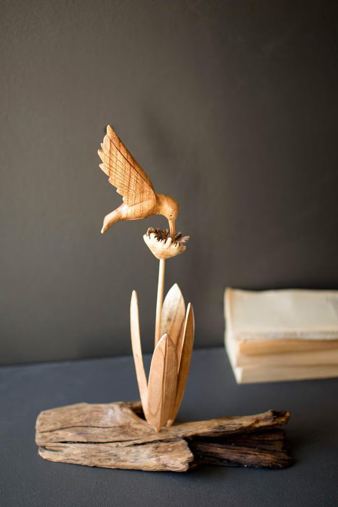 Repurposed Wood Sculpture with Hand Carved Humming Bird - image 1