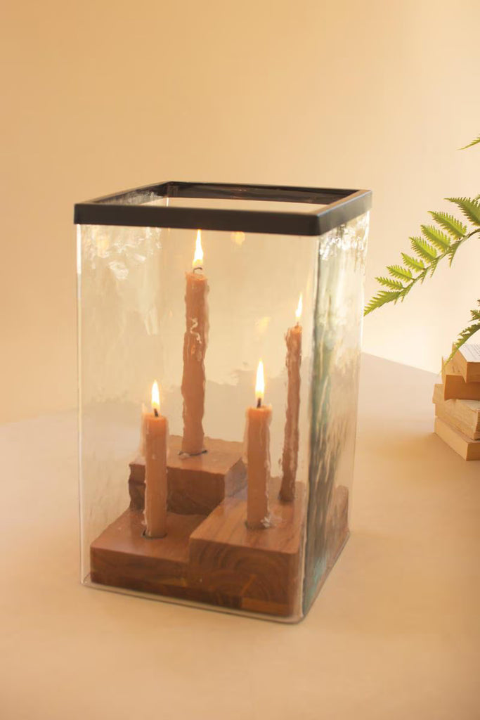 Large Glass Hurricane with Four Taper Holder Wood Base – image 1