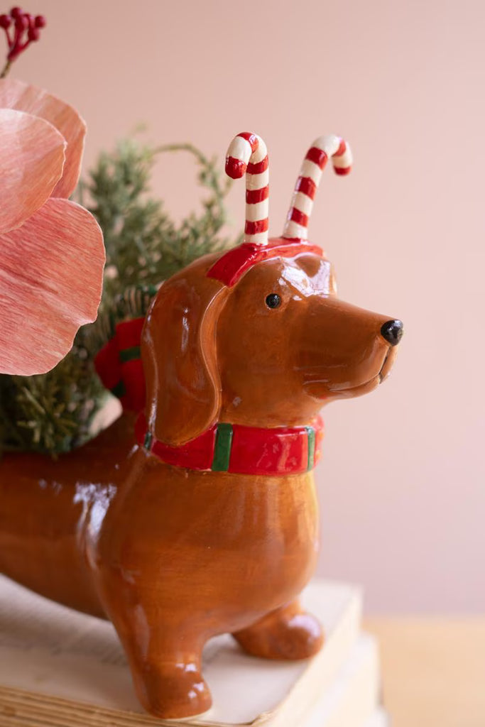 Ceramic Christmas Dachshund Planter - Candy Cane - view 3