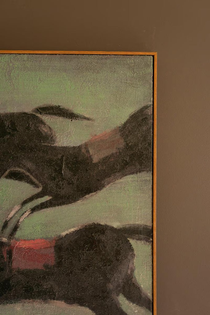 Framed Paint Over Print Four Run Away Race Horses – image 2