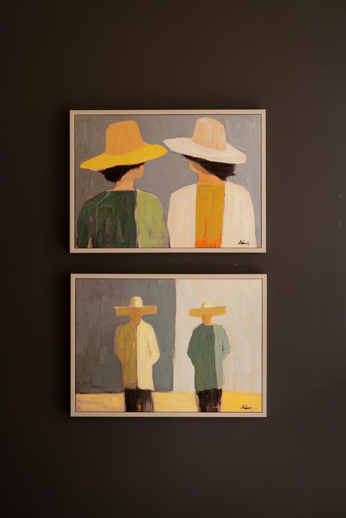 Set of 2 Framed Men and Women in Hats Painting – image 2