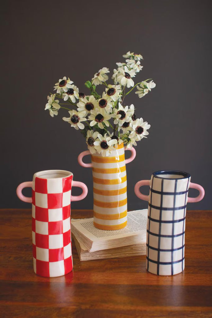 Set of 3 Paterend Ceramic Cylinder Vases with Handles – image 1