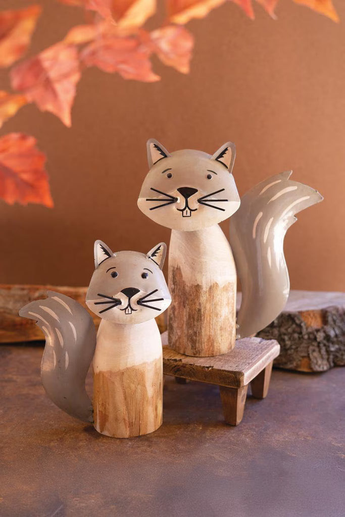 Set of 2 Recycled Wood and Iron Squirrels - image 1