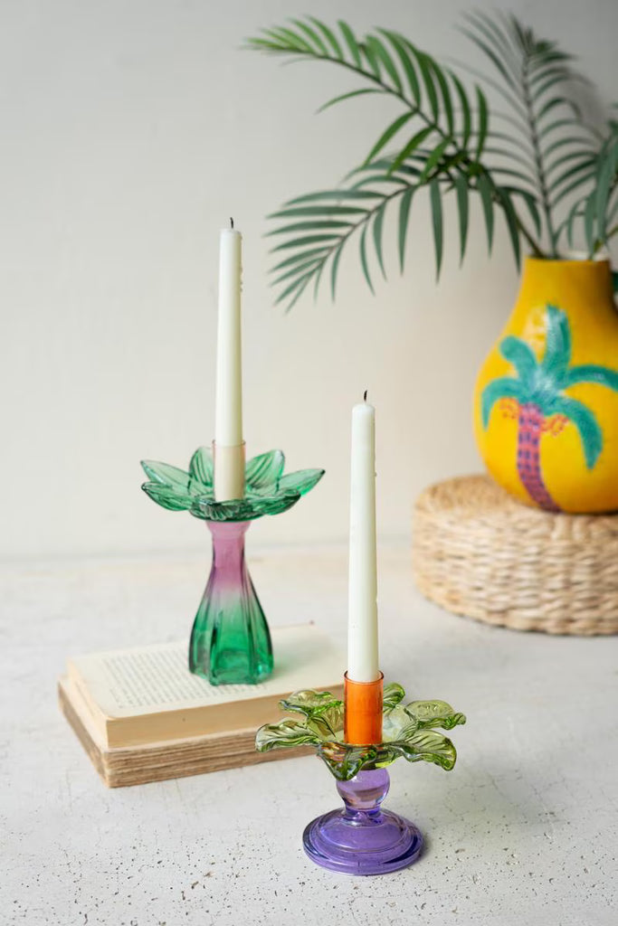 Set of 2 Colored Glass Flower Taper Candle Holders - image 1