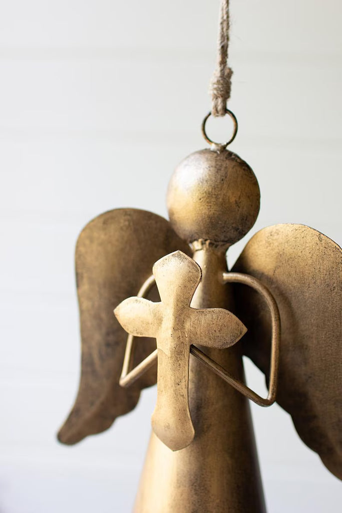 Set of 4 Antique Brass Angel Door Hanger Holding a Cross – image 2