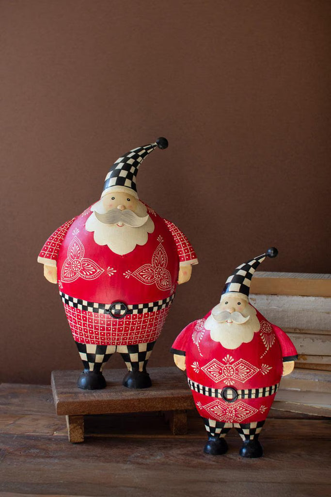 Set of 2 Painted Metal Santas with Checkered Detail – image 2