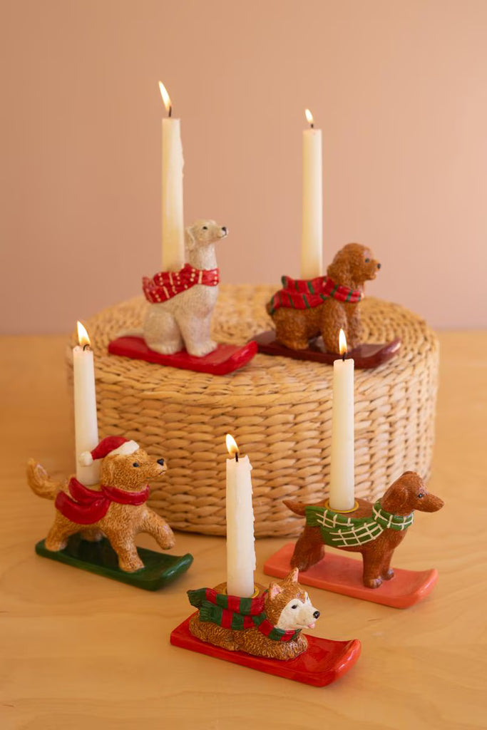 Set of 5 Ceramic Christmas Dog Taper Candle Holders – image 1