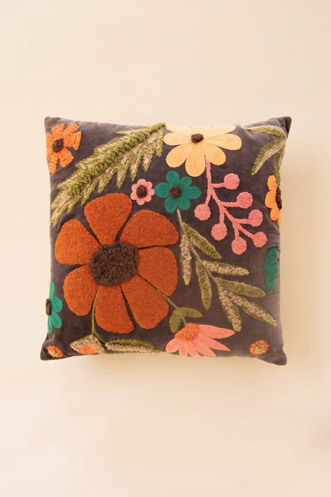Velvet Embroidery Pillow - Flowers #2 - view 3