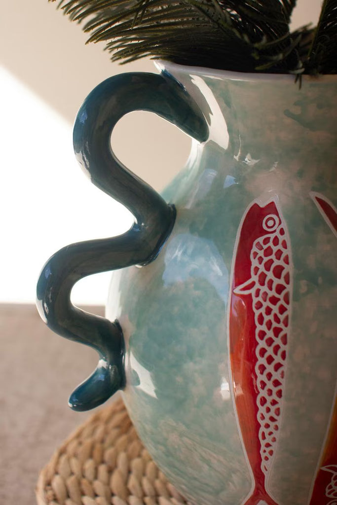 Ceramic Colorful Fish Vase with Blue Squiggle Handles – image 4