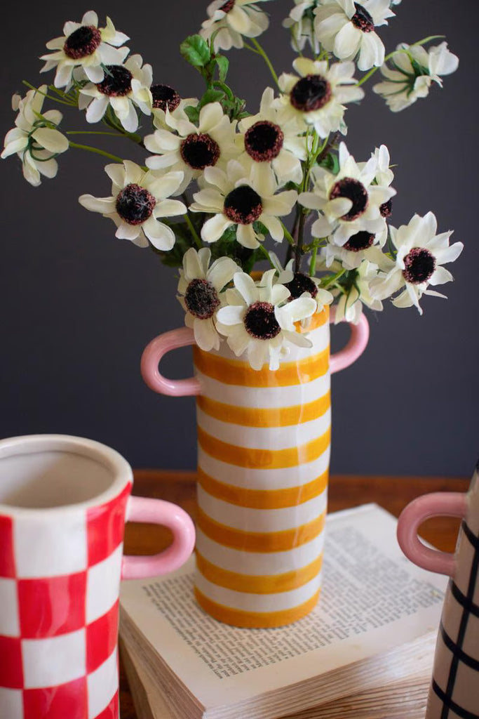 Set of 3 Paterend Ceramic Cylinder Vases with Handles – image 2