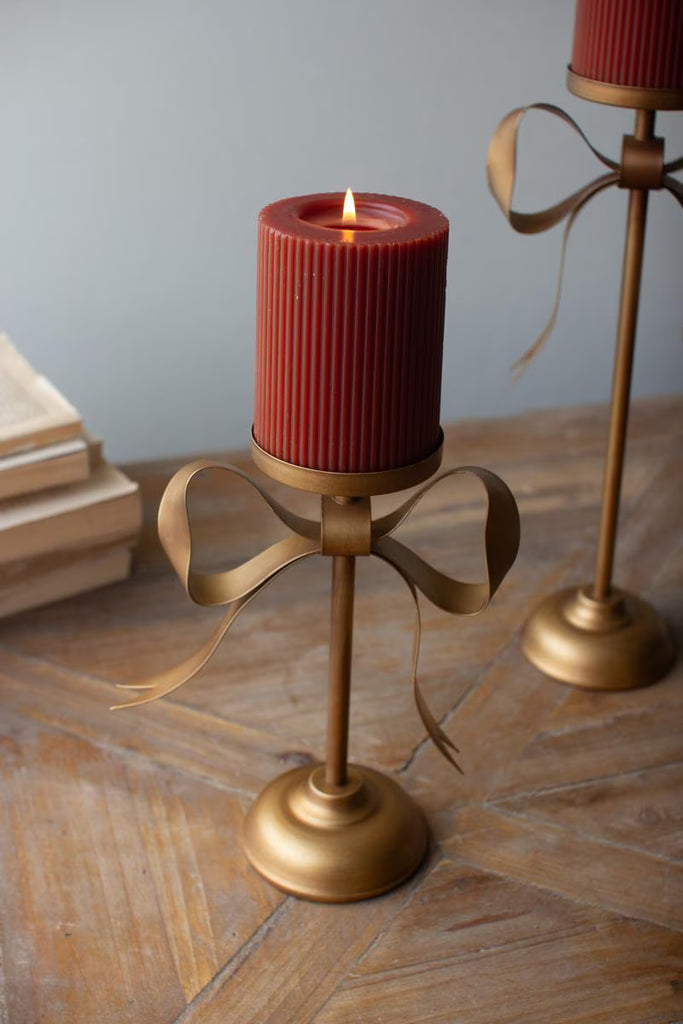 Set of 3 Antique Brass Pillar Candle Stands -bow Detail – image 5
