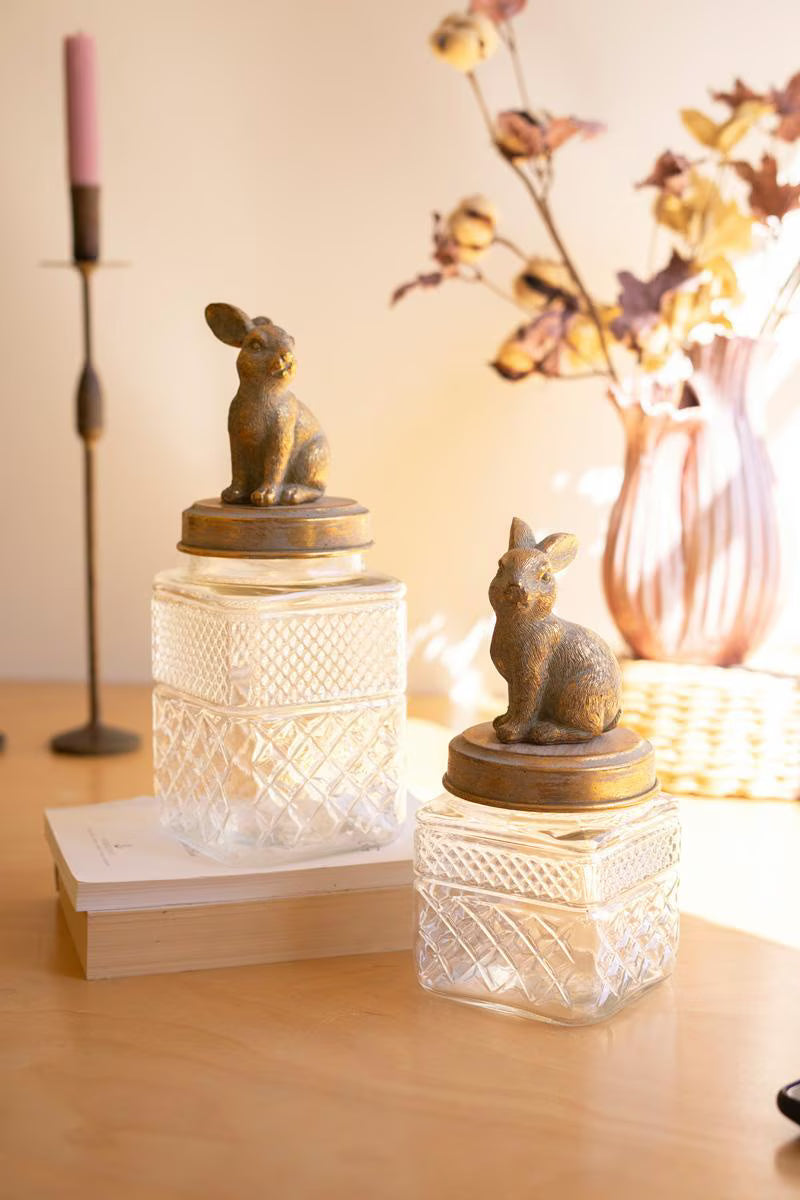 Set of 2 Resin and Glass Rabbit Canisters – image 1