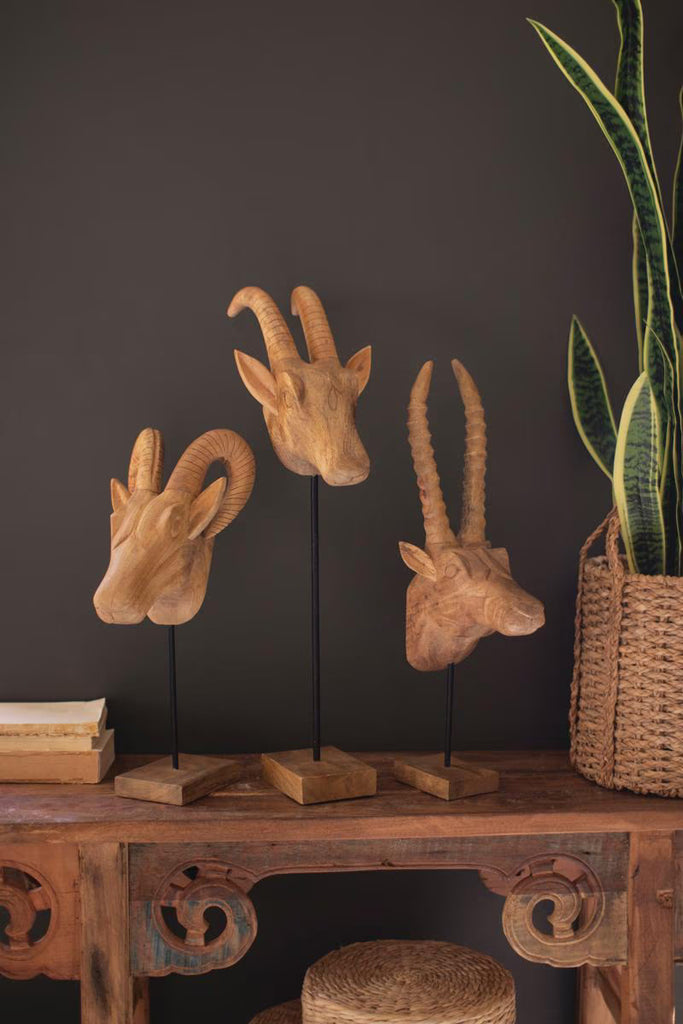 Set of 3 Carved Mango Wood African Animal Heads – image 1