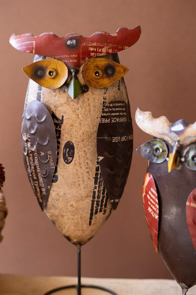 Set of 2 Recycled Iron Owls on Stands – image 2