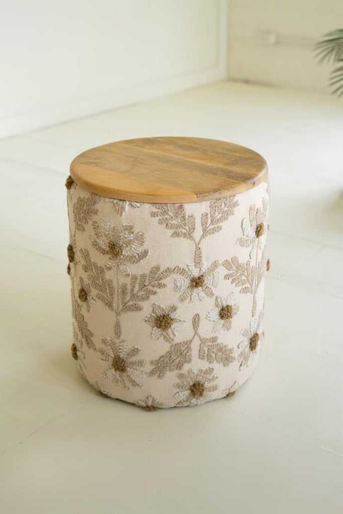 Round Embroidered Accent Table with Mango Wood Top – image 1