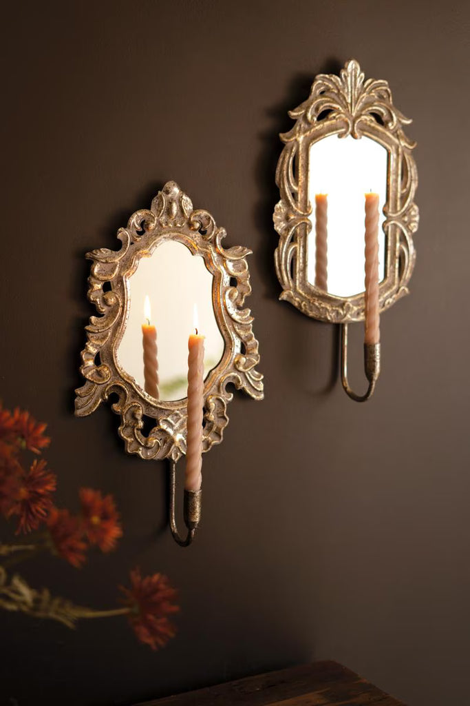 Set of 2 Rustic Framed Mirrors with Taper Candle Holders - view 1