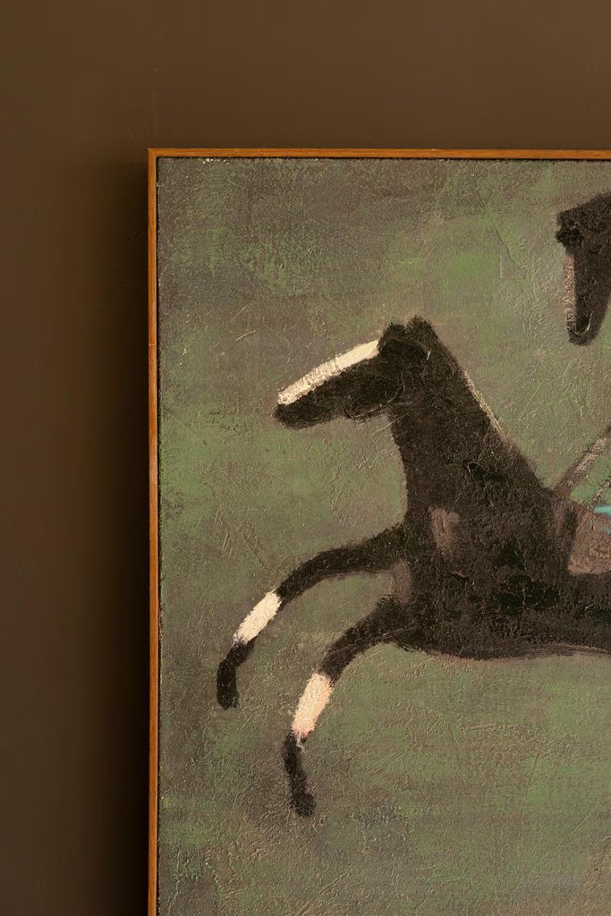 Framed Paint Over Print Four Run Away Race Horses – image 3