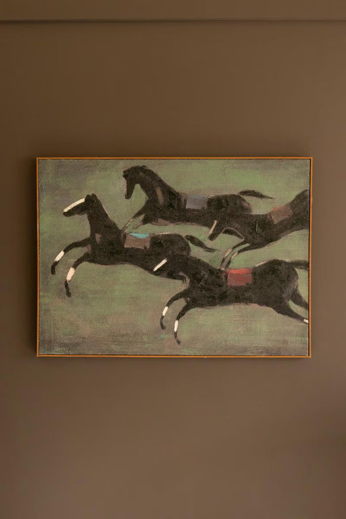 Framed Paint Over Print Four Run Away Race Horses – image 5