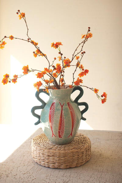 Ceramic Colorful Fish Vase with Blue Squiggle Handles – image 1