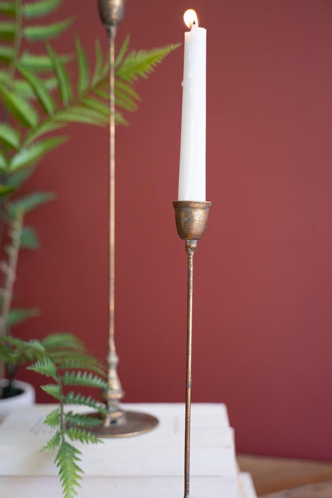 Set of 2 Tall Antique Brass Taper Candle Holders - view 2