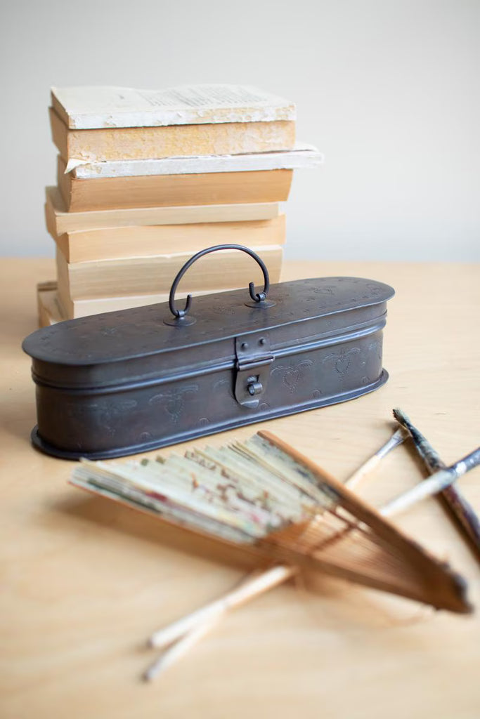 Hand-etched Oval Iron Box with Hinged Lid - image 2