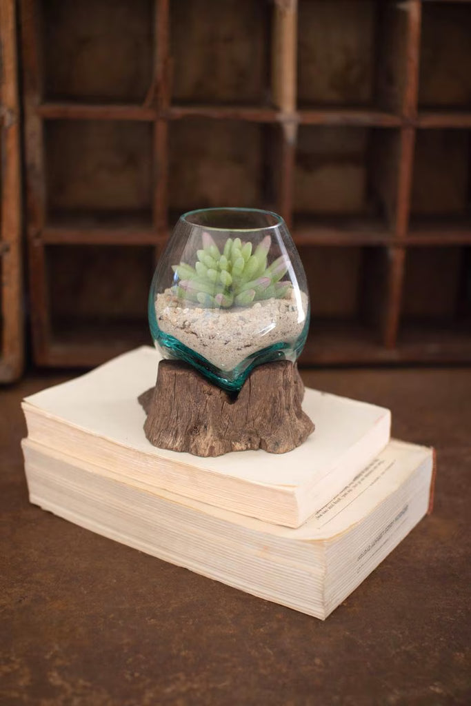 BLOWN GLASS BOWL ON DRIFTWOOD BASE - SMALL (MIN 2) — Kalalou DWA1004K