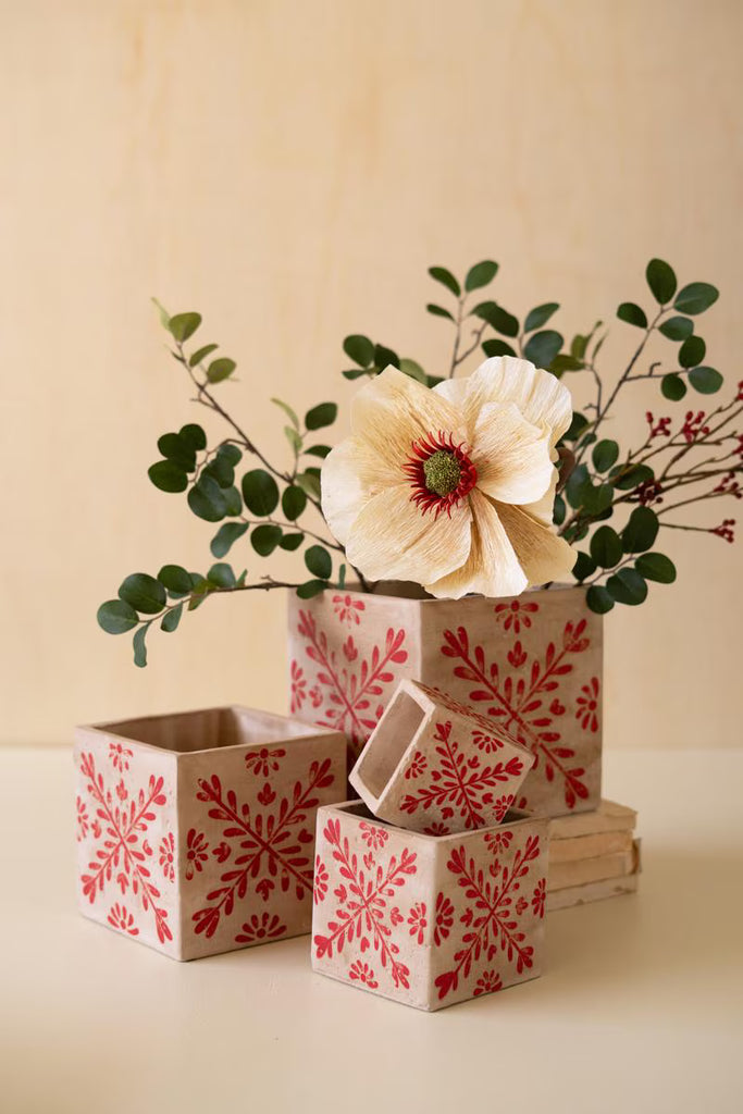 Set of 4 Square Cement Christmas Planters with Red Detail - view 3