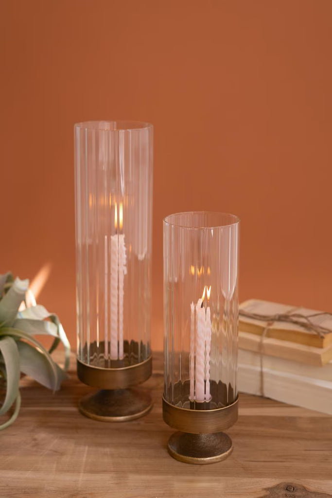 Set of 2 Antique Metal and Glass Taper Candle Hurricanes – image 1