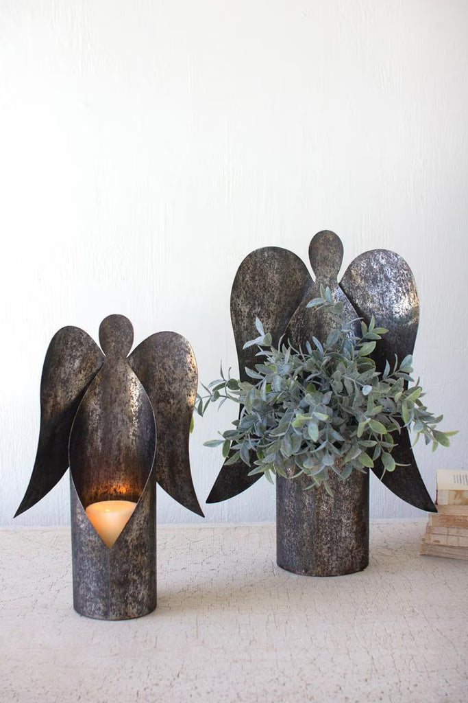 Set of 2 Rustic Metal Angel Candle Holders - image 1