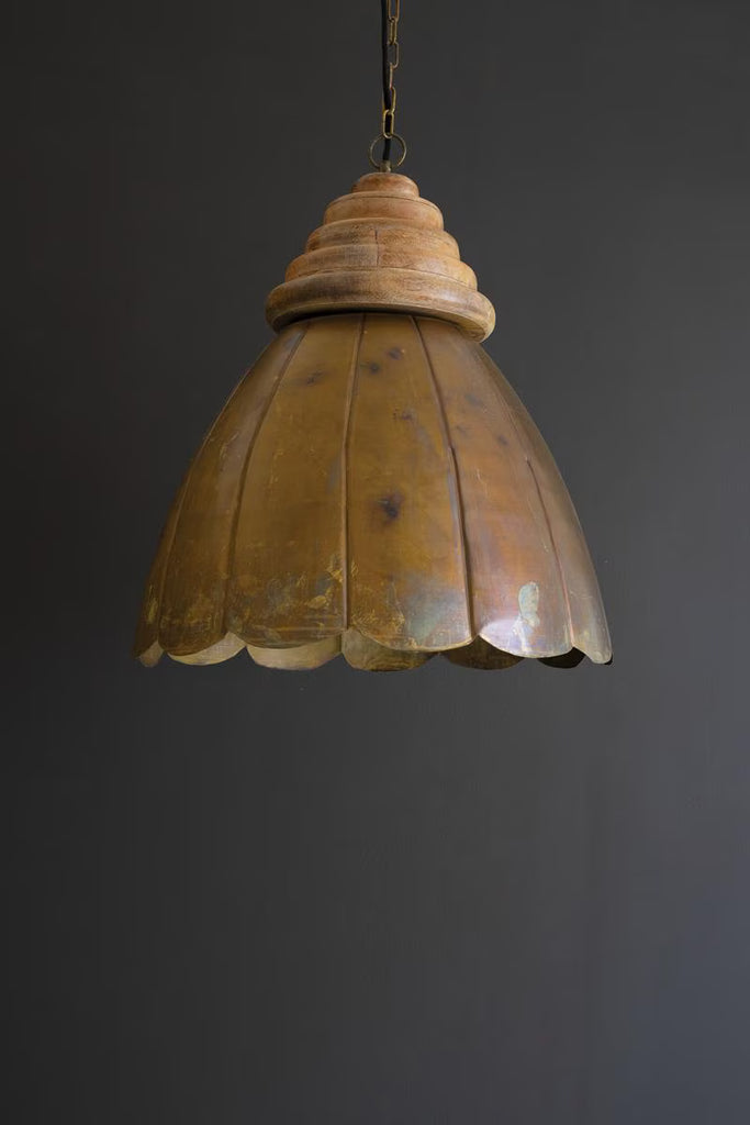 ANTIQUE BRASS PENDANT LIGHT WITH WOOD DETAIL 20" DIA. — Kalalou NDE1537